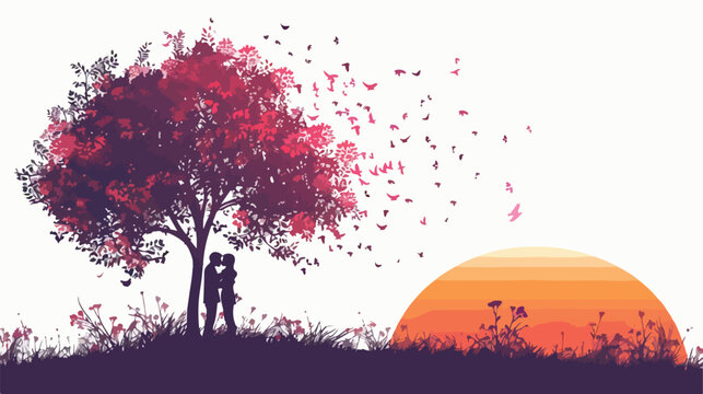 People kissing under a tree at sunset background 