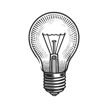 light bulb lamp universal symbol for ideas, creativity, and innovation in a detailed vintage style. Sketch engraving generative ai raster illustration. Scratch board imitation. Black and white image.