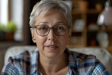 Mature woman wearing glasses with a contemplative look.