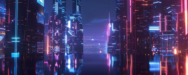 3D rendering of a futuristic city at night with mega neon lights