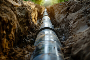 Perspective of a large pipeline installation within an earthen trench.