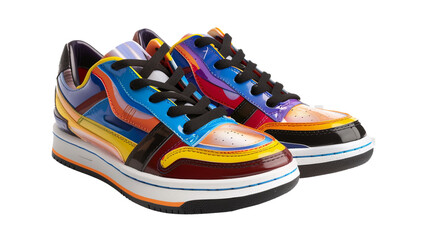 A pair of stylish men's sneakers, their sleek design and vibrant colors popping against a white transparent background
