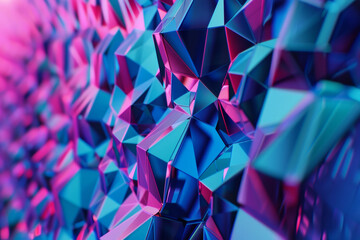 A sea of vibrant geometric shapes creates a mesmerizing abstract 3D pattern in pink and blue hues.