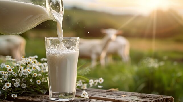 Pouring fresh goat milk from a pitcher to a glass over a wooden table with a goat over a backdrop of grazing green and space, Generative AI.