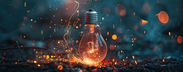 Visualized light bulb with spark of creativity isolated on blurred background. Concept of an idea and innovation - obrazy, fototapety, plakaty