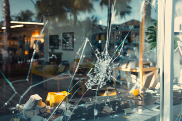 Shattered glass window of a store, hinting at an unfortunate incident, with chaos inside.