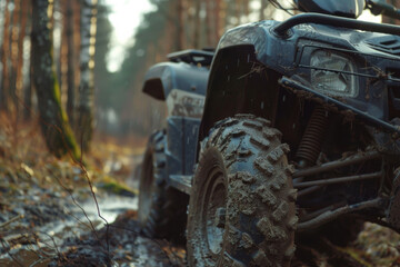 Muddy all-terrain vehicle (ATV) in a forest, showcasing rugged outdoor adventure.