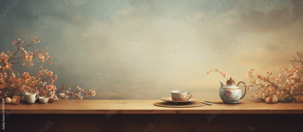 Poster a display device showcasing tableware made of wood, with a teapot, cup, and saucer set on a hardwood