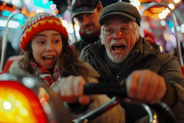 Deurstickers A young girl rides in a bumper car driven by her grandfather. Both of their faces looked excited and scared.Having fun concept © boyhey