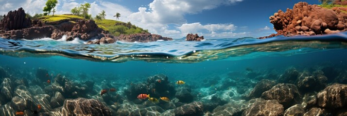 Fototapeta na wymiar Tropical island and coral reef visible under the clear water