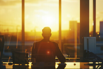 Silhouette of a businessman contemplating sunset through office window.