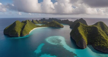 An expansive panorama shows a chain of emerald islands snaking through the azure ocean, with dramatic cloud formations overhead. The intricate shapes of the islands are highlighted by the shallow