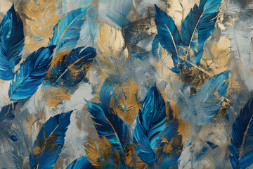 Artistic canvas with blue and gold feathers in a richly textured abstract design.