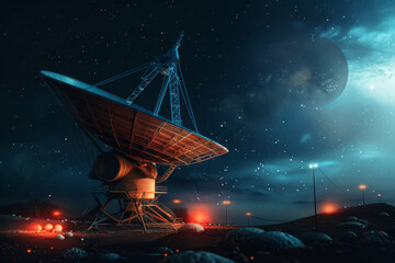 Cosmic exploration beacon, a radio telescope under a moonlit sci-fi nightscape.