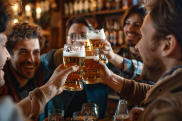 Friends toasting with beer mugs in a warm, lively pub setting.