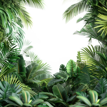Fototapeta Tropical frame with exotic jungle plants, palm leaves isolated on transparent background.