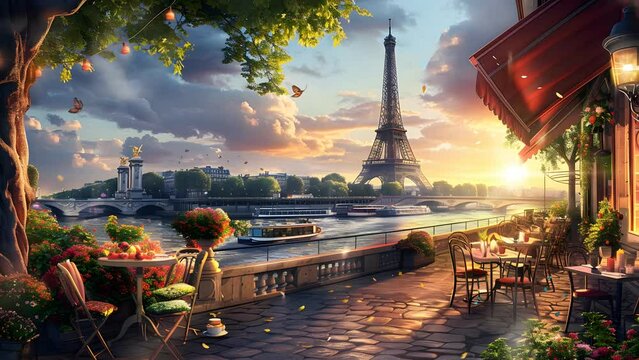 Parisian street painting showcasing a delightful cafe with the iconic Eiffel Tower as the backdrop. Seamless Looping 4k Video Animation