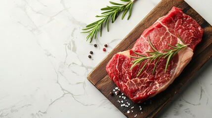 Rough cut ribeye steak over a wooden board with a white backdrop bunch of sprinkled herbs over and space, Generative AI.
