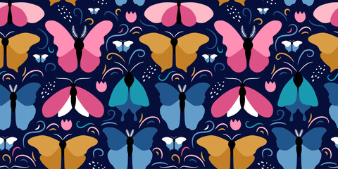 Vector seamless pattern of colorful butterflies of different shapes on a dark blue background. Beautiful trendy background for packaging, fabric, wallpaper. - obrazy, fototapety, plakaty