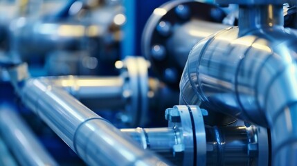 This high-resolution 3D animation showcases a close-up view of shiny metallic pipes with intricate details and bolts, reflecting the complex interior of an industrial facility