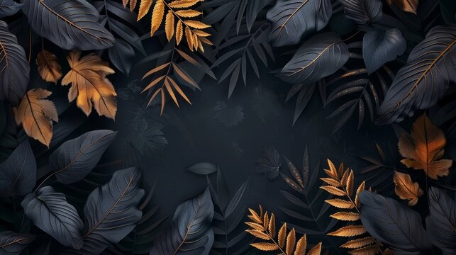 A collection of leaves captured against a dark, black background, showcasing their intricate details and patterns