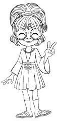 Cartoon girl in vintage dress showing peace sign.