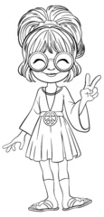 Outdoor kussens Cartoon girl in vintage dress showing peace sign. © GraphicsRF