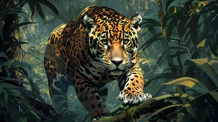 A Stealthy and Powerful Jaguar Stalking Through the Lush Amazon Rainforest Blending Beauty and Might