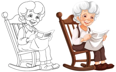 Foto op Canvas Colorful and line art illustrations of a reading grandma. © GraphicsRF