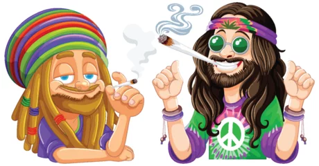Fototapete Two cartoon hippies smoking and smiling together. © GraphicsRF