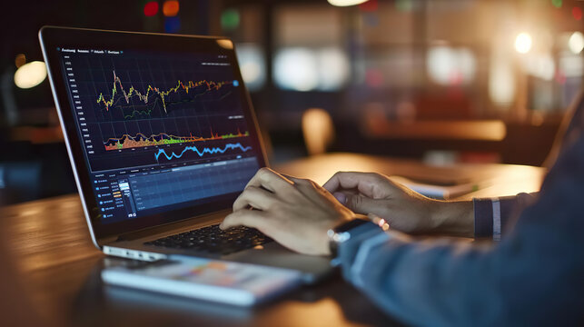 A person is typing on a laptop computer with a graph on the screen. The graph shows a fluctuation in the stock market