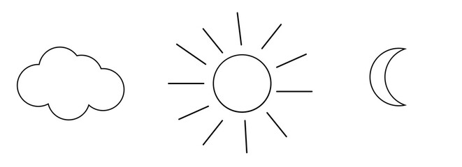 cloud sun moon black outline on white background