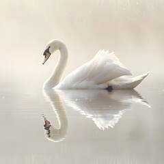 Graceful Swan Gliding Across Serene Mirrored Lake in Tranquil Natural Landscape