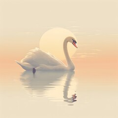 Fototapeta premium A Graceful Swan Serenely Floating on a Glassy Lake at Sunset