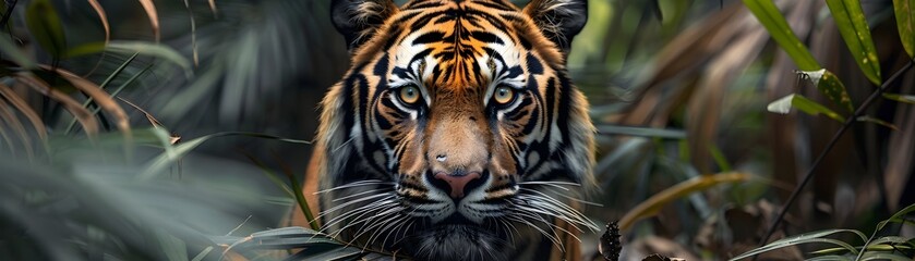 Naklejka premium A Fierce Tiger Stalking Silently Through the Lush Green Jungle Embodiment of Power and Predatory Grace