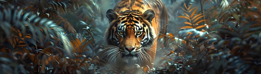 A Fierce Tiger Stalking Through the Lush Jungle Embodying Power and Primal Instincts - obrazy, fototapety, plakaty
