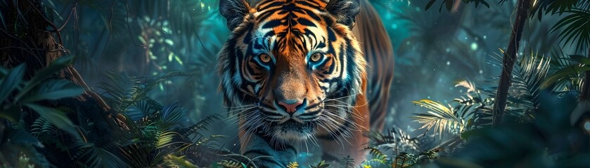 Obraz premium A Fierce Tiger Stalking Through the Lush Jungle Embodiment of Power and Ferocity in Breathtaking Digital