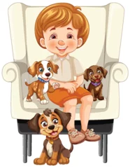 Foto op Canvas Smiling boy sitting with three cute dogs © GraphicsRF