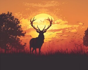 A captivating depicting a majestic stag silhouetted against a vibrant golden sunset sky The stag's proud antlers reach skyward