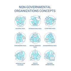 Non-governmental organizations soft blue concept icons. Fighting for human rights. Social justice. Humanitarian aid. Icon pack. Vector images. Round shape illustrations. Abstract idea