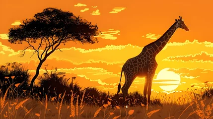 Selbstklebende Fototapeten Graceful Giraffe Silhouette Dining on Savannah Treetops at Vibrant Sunset © Thares2020
