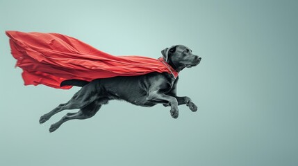 A dynamic image of a Labrador Retriever dressed in a superhero cape, mid-leap against a cool blue backdrop, embodying bravery and playfulness