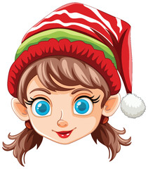Cartoon elf girl with a cheerful holiday expression.