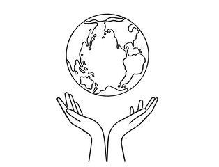 two hands and a planet black outline on a white background