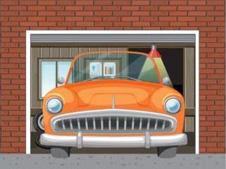 Rolgordijnen Classic orange car inside a residential garage © GraphicsRF