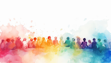 A group of people sitting on a ledge with a rainbow background - obrazy, fototapety, plakaty