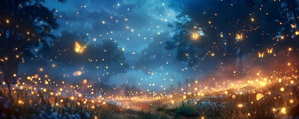 Mesmerizing Summer Night with Glowing Fireflies Illuminating the Enchanted Forest Landscape