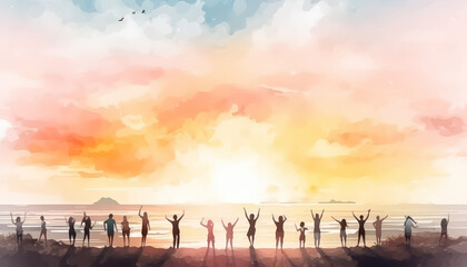 A group of people are doing yoga on a beach at sunset - obrazy, fototapety, plakaty