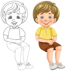 Foto op Plexiglas Illustration of a cheerful boy sitting, colored and outlined. © GraphicsRF
