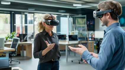 A man and a woman are seated in an office environment, wearing virtual reality